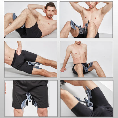 Man demonstrating kegel fitness equipment for home use in various exercise positions wearing black shorts