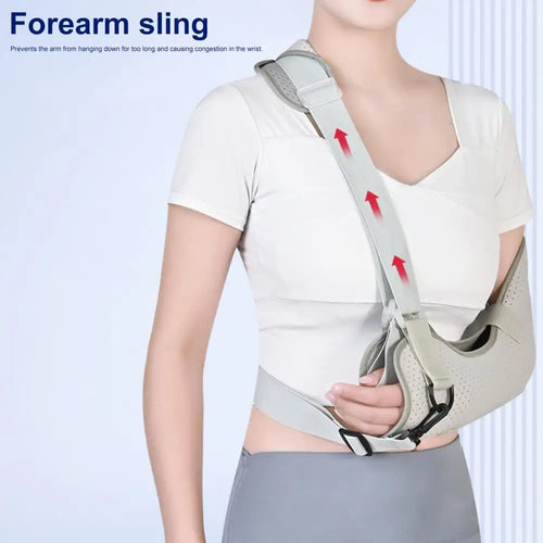 Adjustable kids arm sling adjustable in light gray supporting forearm and wrist with straps