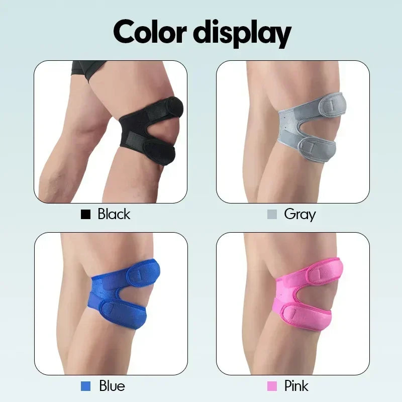 Colored knee protection fitness equipment in black gray blue and pink on a person's knee