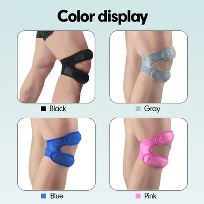 Colored knee protection fitness equipment in black gray blue and pink on a person's knee