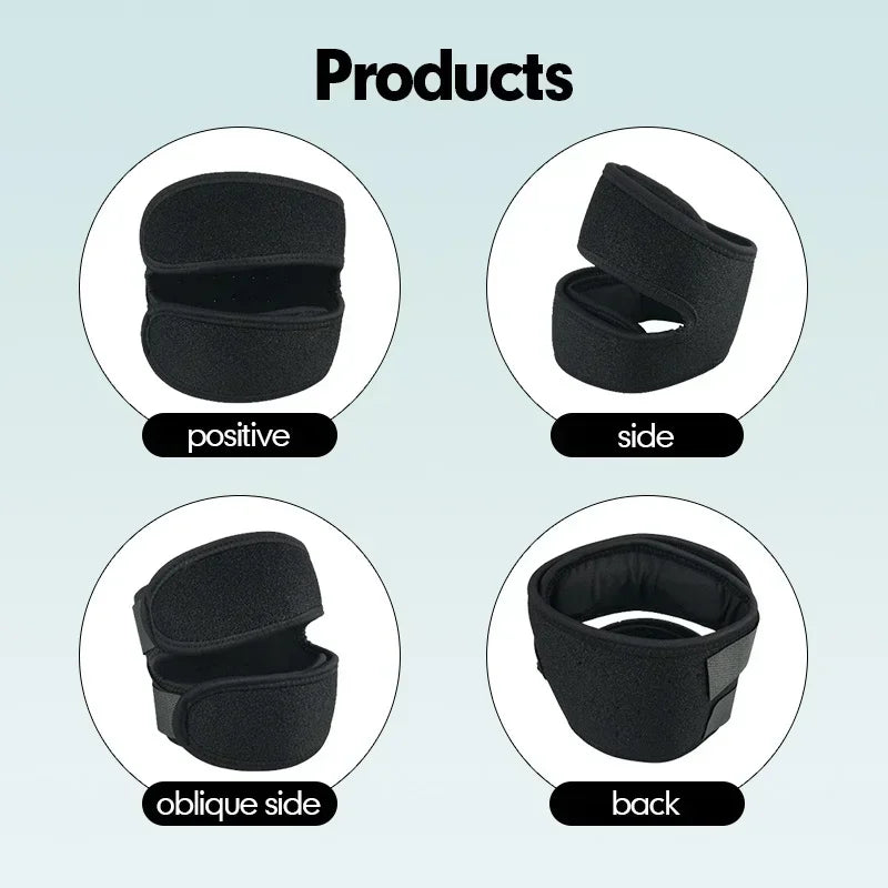 Black knee protection fitness equipment shown from multiple angles including positive, side, oblique side, and back views