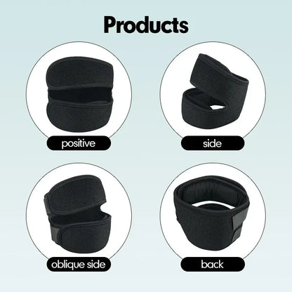 Black knee protection fitness equipment shown from multiple angles including positive, side, oblique side, and back views