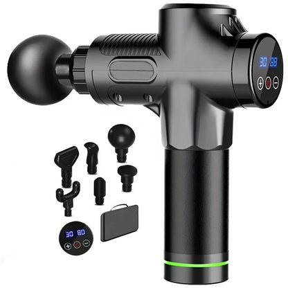Black portable fascia massage gun with multiple interchangeable heads and digital display by Zorelie.co