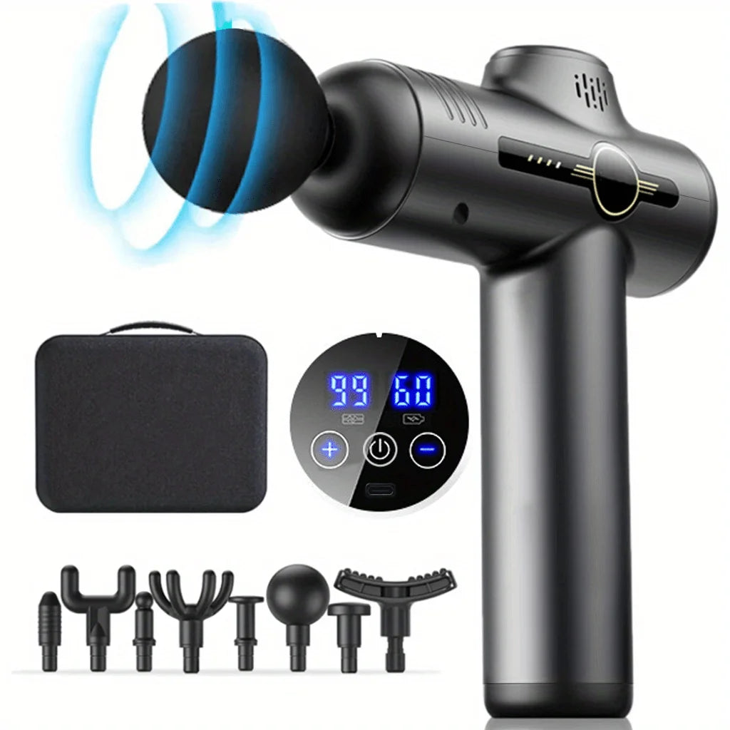 Zorelie.co portable fascia massage gun with digital display, multiple attachments, and carrying case