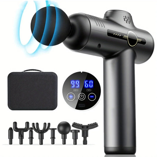 Zorelie.co portable fascia massage gun with digital display, multiple attachments, and carrying case