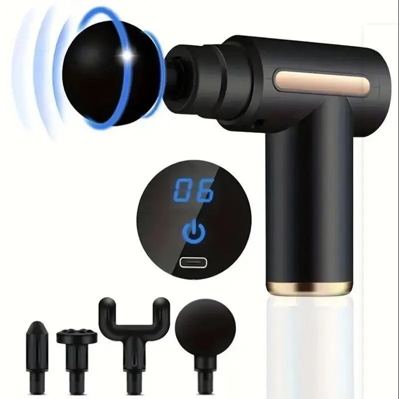 Zorelie.co portable fascia massage gun in black with LED display and four interchangeable massage heads