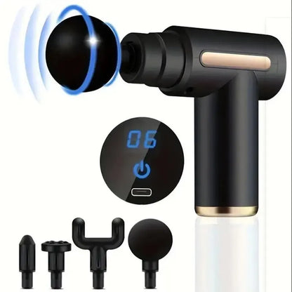 Zorelie.co portable fascia massage gun in black with LED display and four interchangeable massage heads