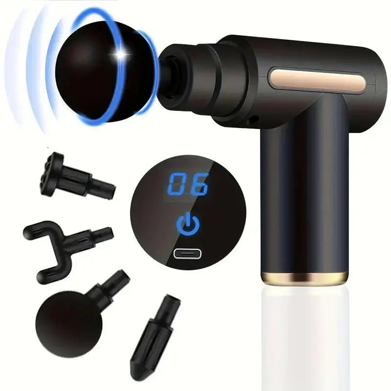 Portable fascia massage gun in black with digital display and multiple interchangeable massage heads