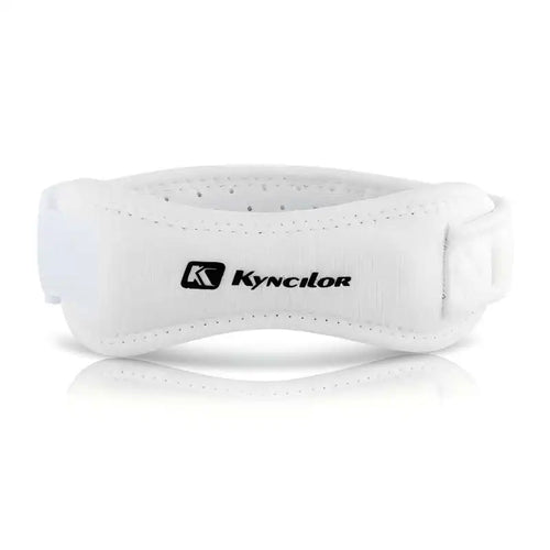 White adjustable patellar stabilizer knee pad with perforated design for breathability