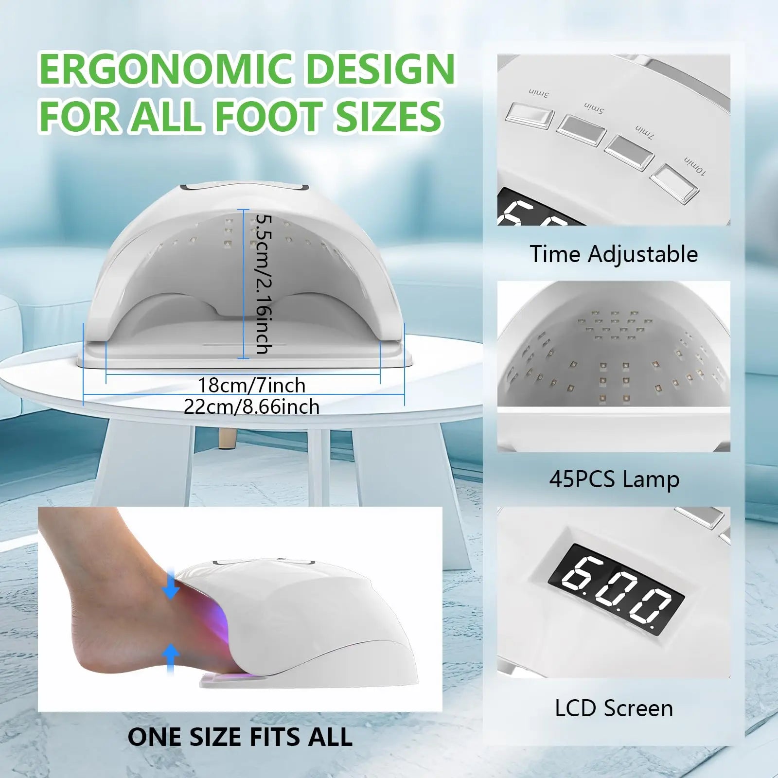 Ergonomic laser nail fungus treatment device with adjustable time, 45PCS lamp, and LCD screen for all foot sizes