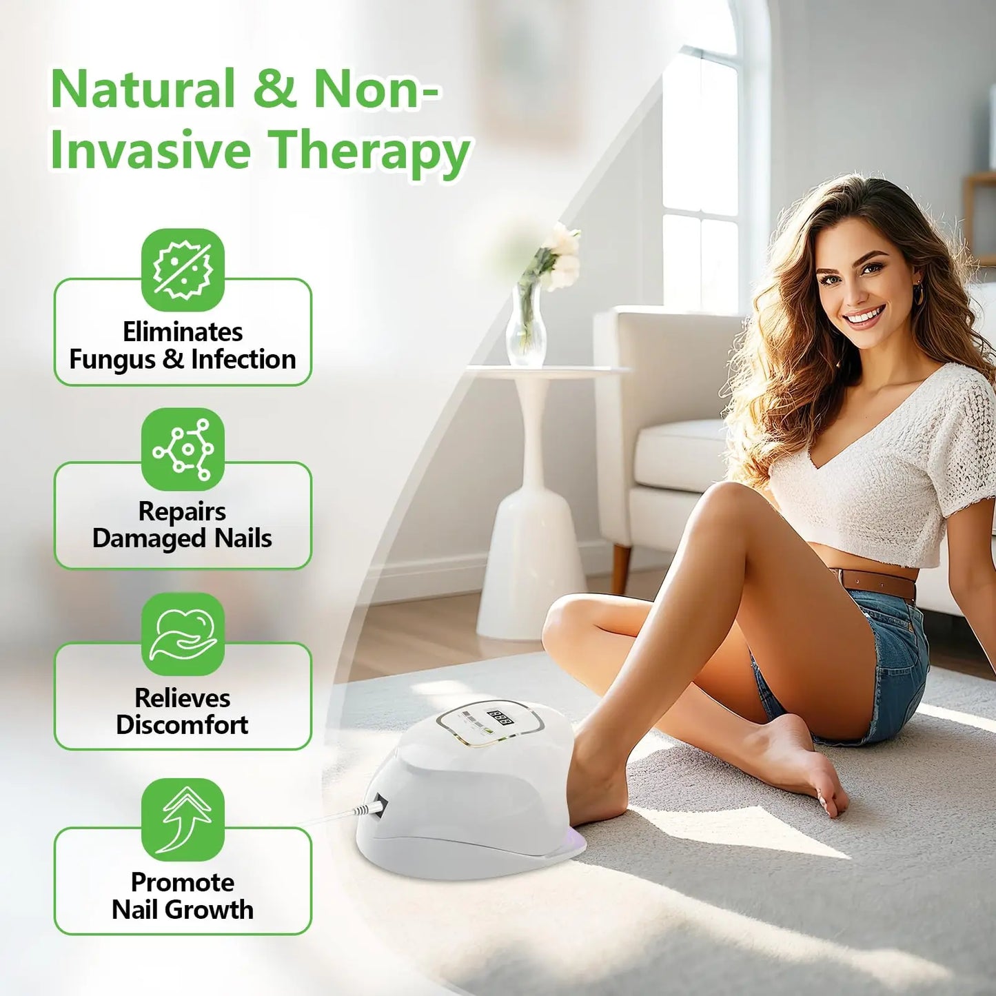 Laser nail fungus treatment device shown with a woman using it for natural and non-invasive nail therapy