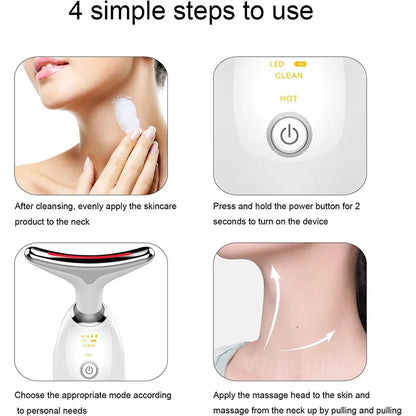 Step-by-step guide to using the LED neck and face massager with skincare application and power button operation