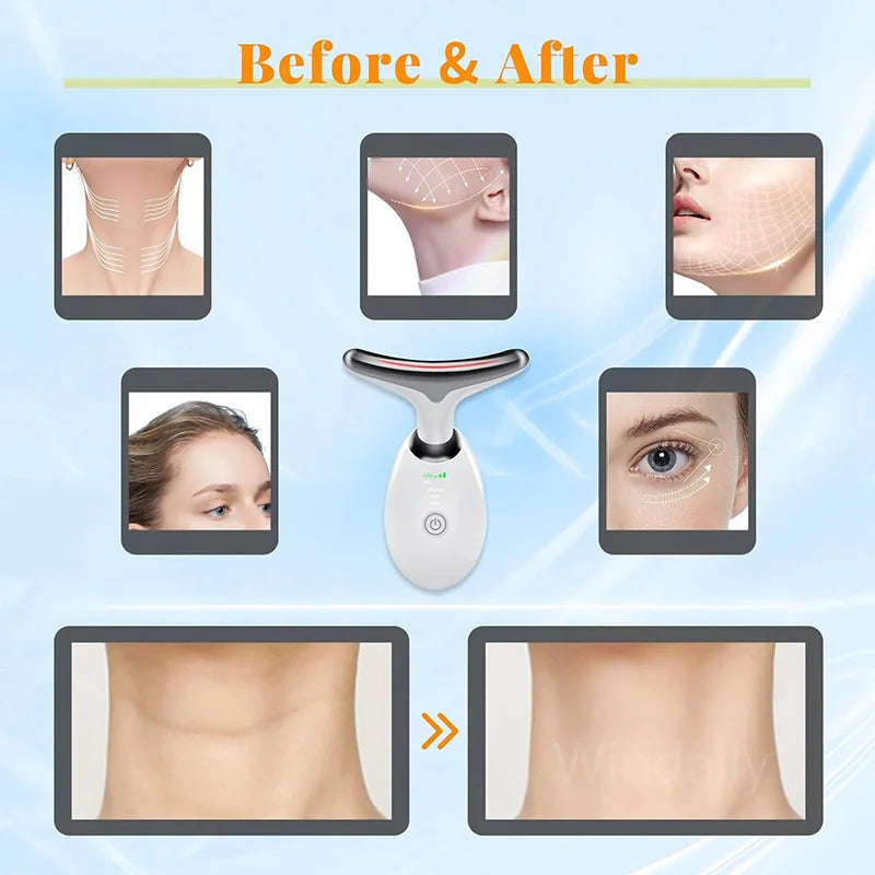Zorelie.co LED neck and face massager showing before and after skin tightening results