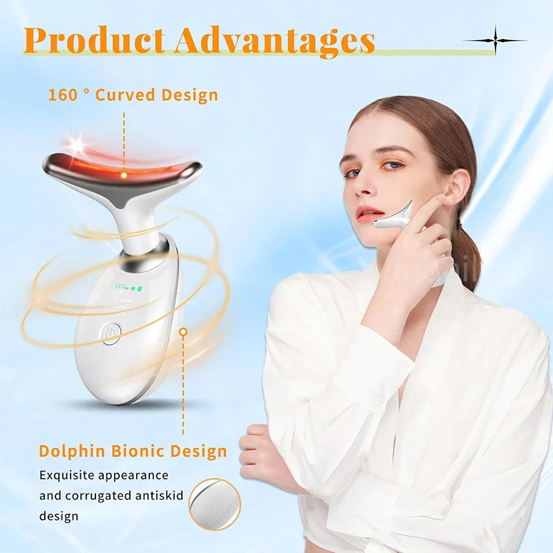 LED neck and face massager with 160 degree curved dolphin bionic design used by woman for facial care