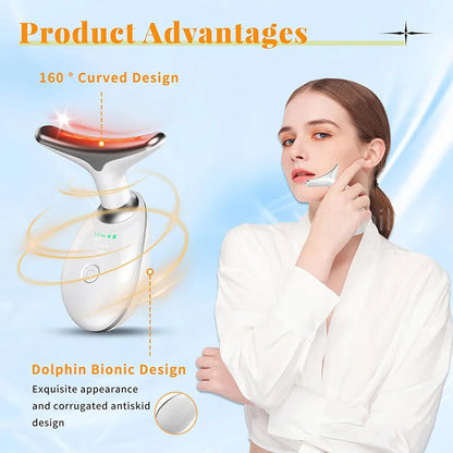 LED neck and face massager with 160 degree curved dolphin bionic design used by woman for facial care