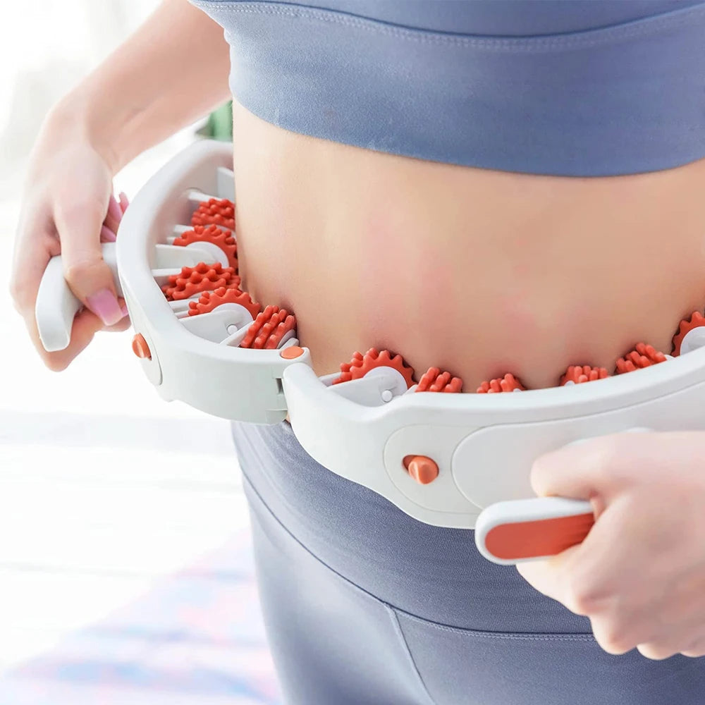 Zorelie.co leg roller massager for cellulite being used on abdomen for targeted massage therapy
