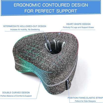 Zorelie.co ergonomic contoured leg support pillow for side sleepers with heart-shape design and elastic strap