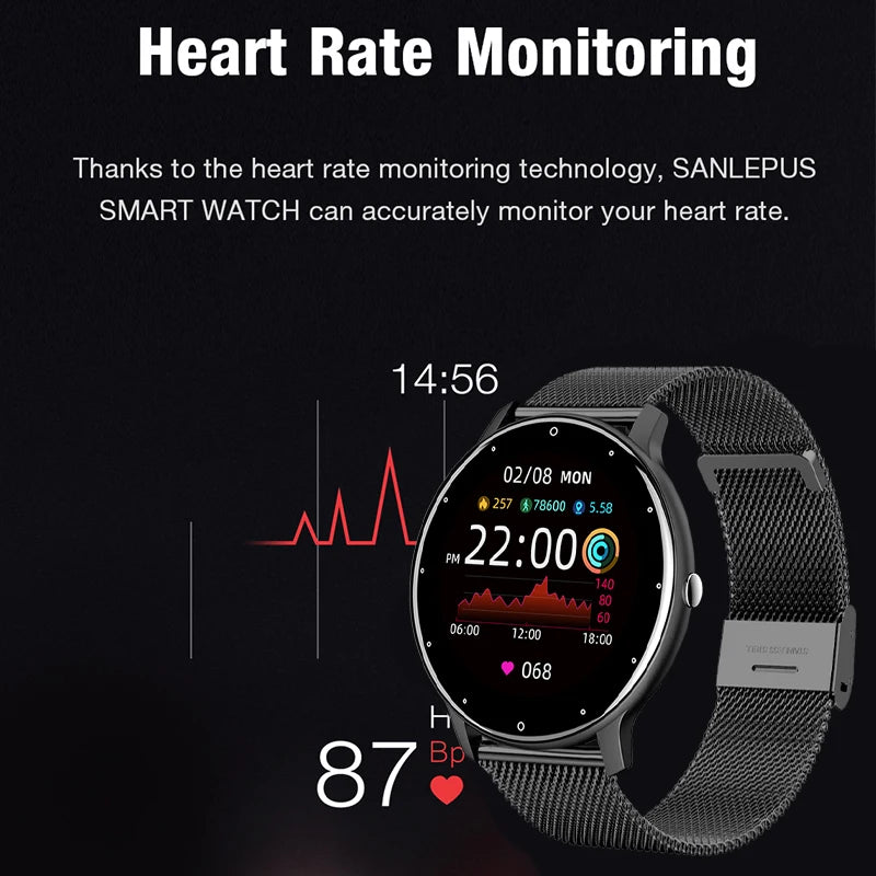 Waterproof sports smartwatch with heart rate monitoring and digital display on black mesh band