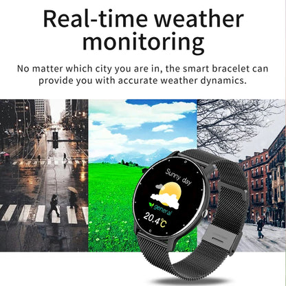 Waterproof sports smartwatch by Zorelie.co showing real-time weather monitoring with temperature and weather icons