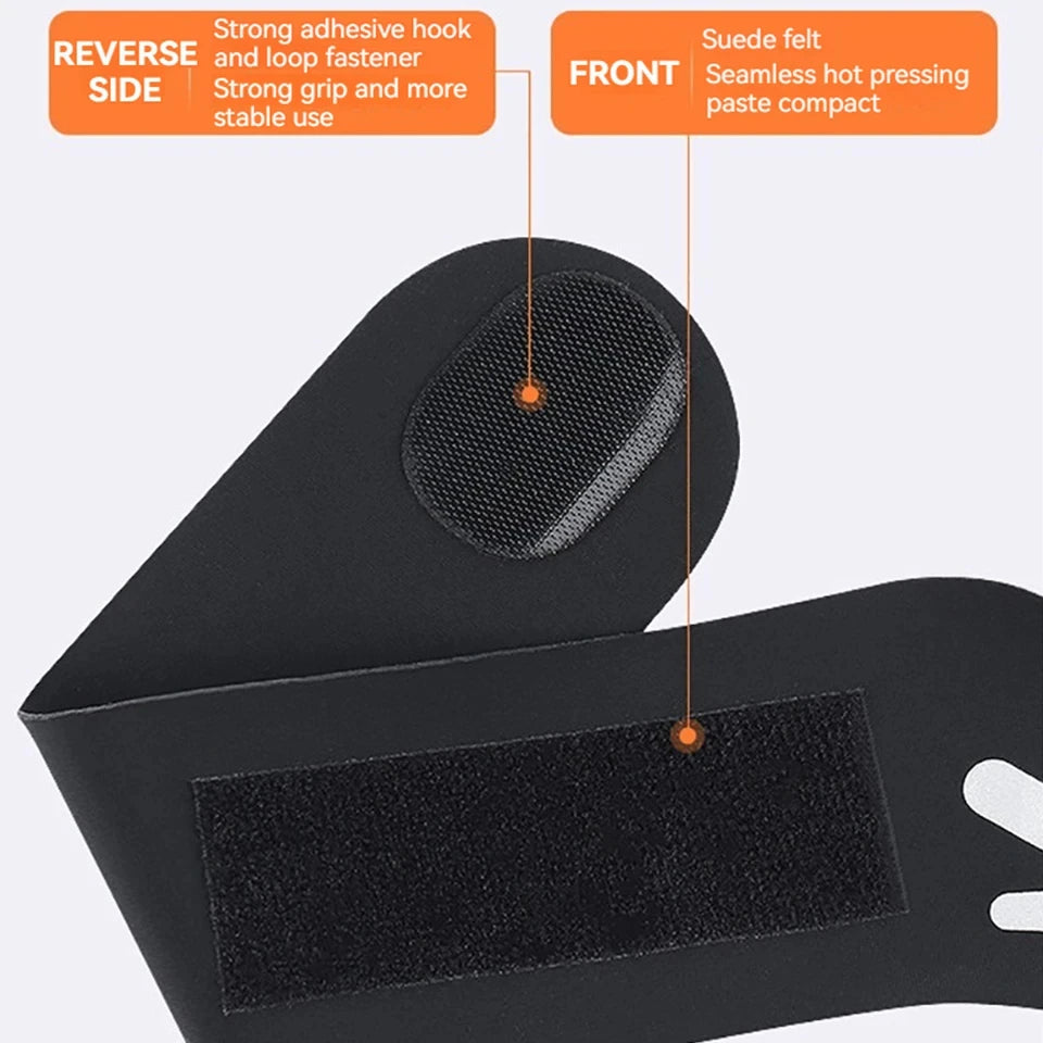 Lightweight thumb wrist support brace showing strong adhesive hook and loop fastener and suede felt front