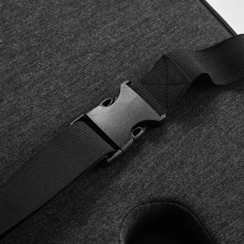 Black adjustable strap and buckle on memory foam lumbar support cushion by Zorelie.co