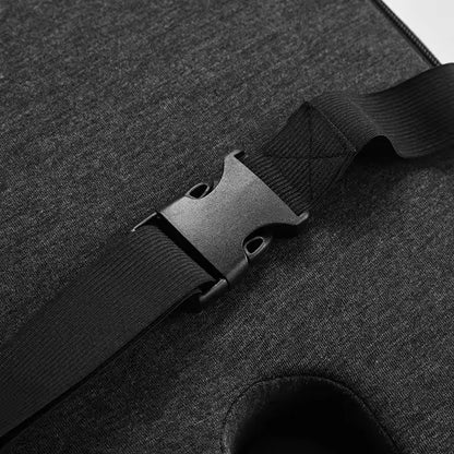 Black adjustable strap and buckle on memory foam lumbar support cushion by Zorelie.co