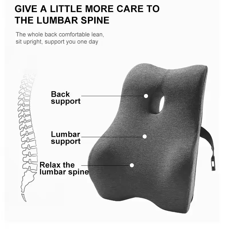Gray memory foam lumbar support cushion with ergonomic design for back and lumbar spine care