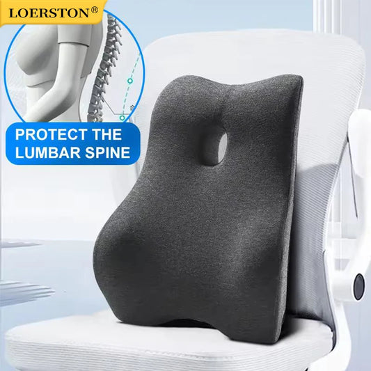 Zorelie.co memory foam lumbar support cushion in dark gray on white office chair for spine protection