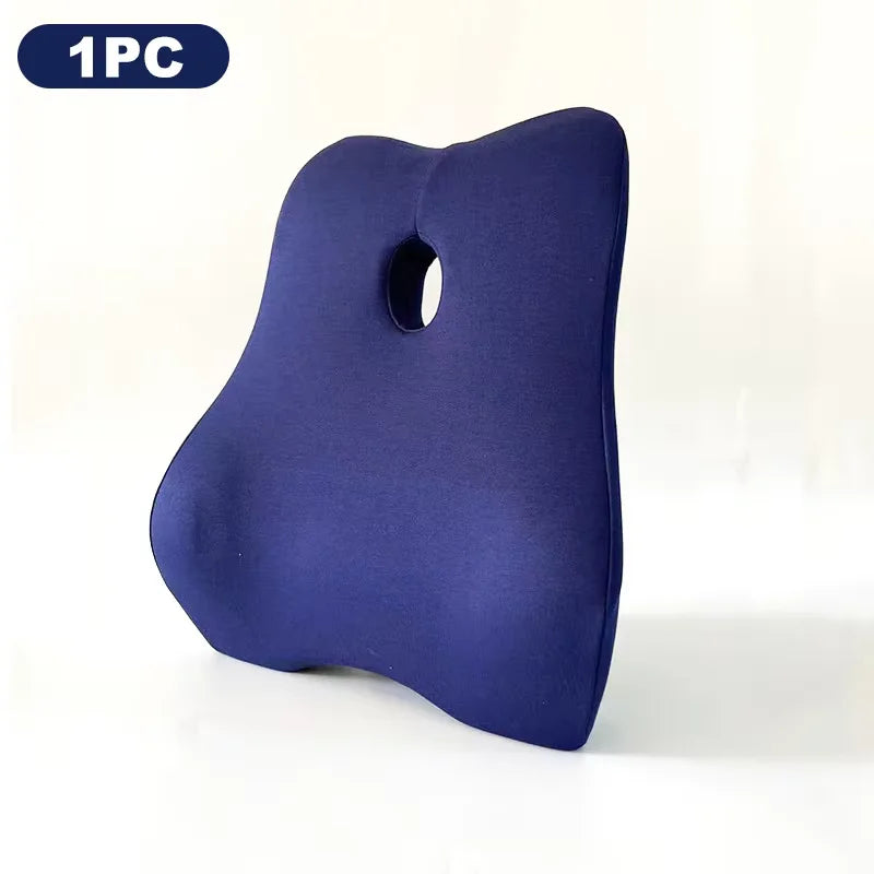 Zorelie.co memory foam lumbar support cushion in navy blue with ergonomic design and central hole