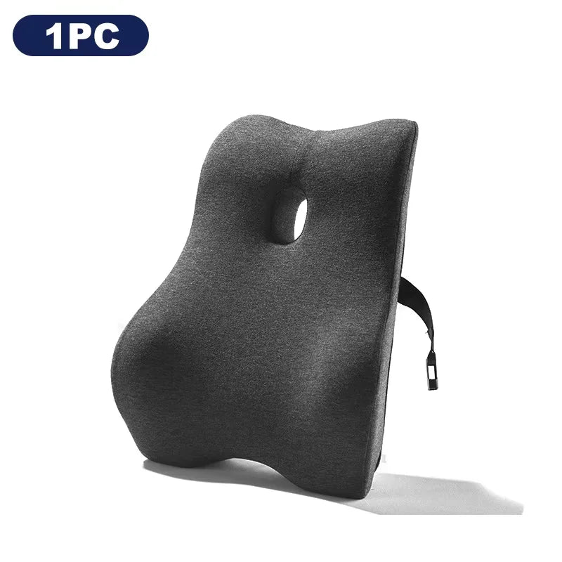 Zorelie.co memory foam lumbar support cushion in dark gray with ergonomic shape and adjustable strap