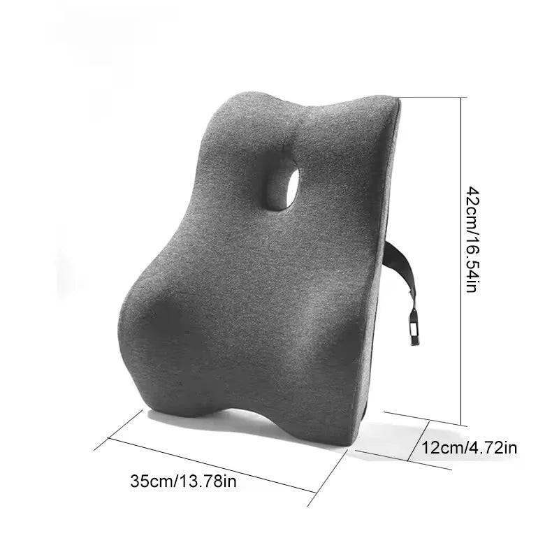 Gray memory foam lumbar support cushion with ergonomic contour and adjustable strap