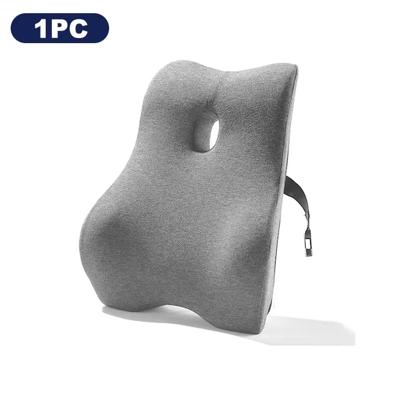 Gray memory foam lumbar support cushion with breathable cover and adjustable strap for back comfort