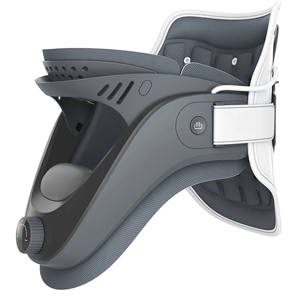 Adjustable cervical neck traction device in black and gray for neck pain relief and support