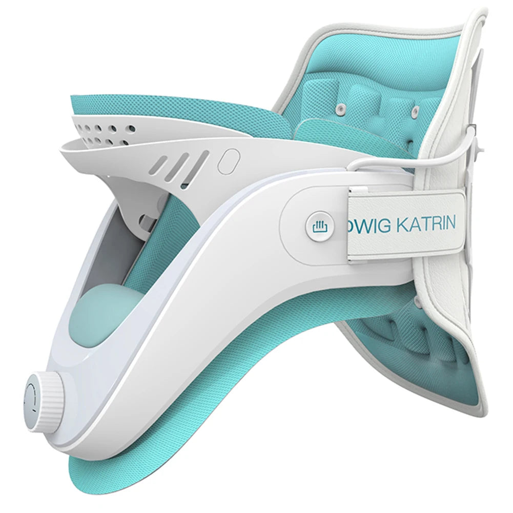 Adjustable cervical neck traction device in white and blue with padded support and control knob