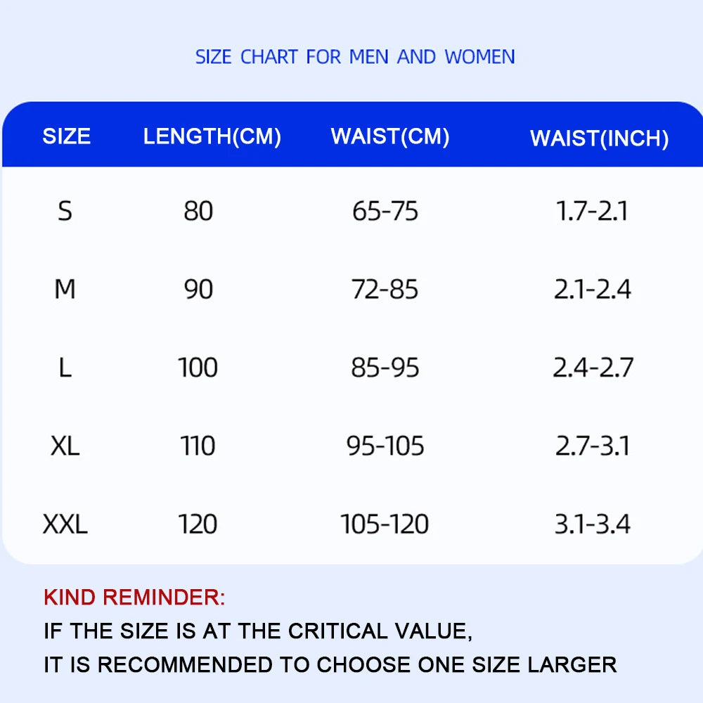 Size chart for lumbar support belt for back pain showing waist and length measurements for men and women