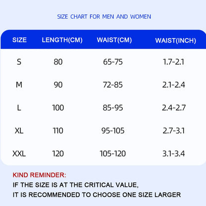 Size chart for lumbar support belt for back pain showing waist and length measurements for men and women
