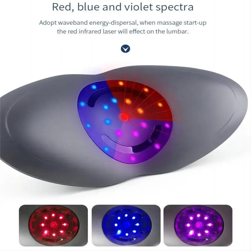 Lumbar support device for back pain relief with red blue and violet light spectra for energy dispersal and massage therapy