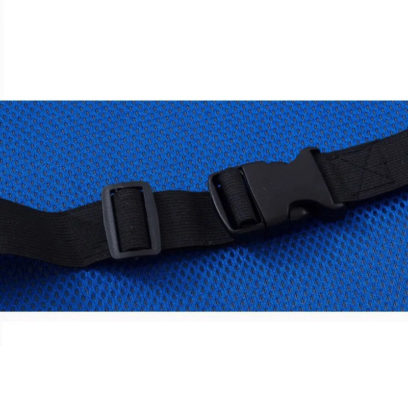 Adjustable black strap with buckle on blue mesh fabric of memory foam back support pillow
