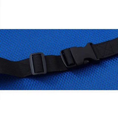 Adjustable black strap with buckle on blue mesh fabric of memory foam back support pillow
