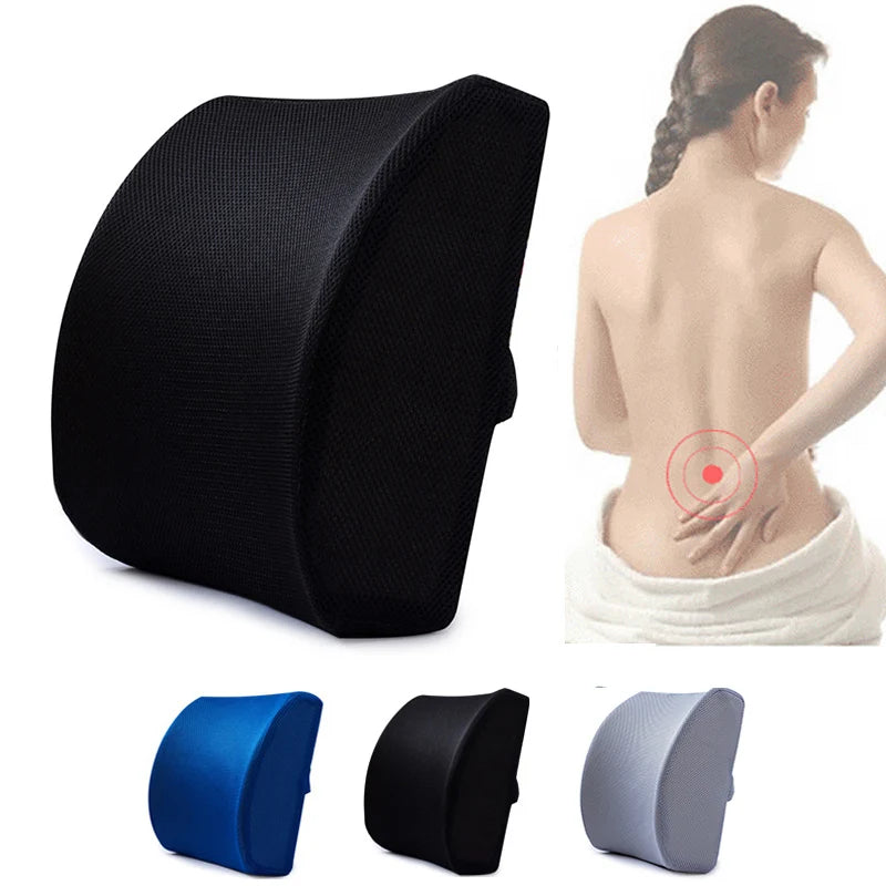 Zorelie.co memory foam back support pillow in black with ergonomic design for lower back pain relief
