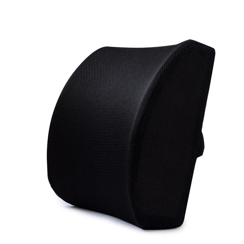 Black memory foam back support pillow with ergonomic shape for lumbar comfort and posture support