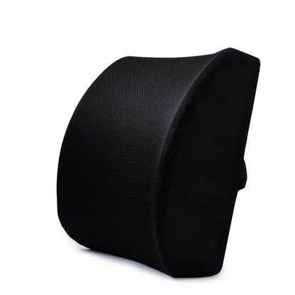 Black memory foam back support pillow with ergonomic shape for lumbar comfort and posture support