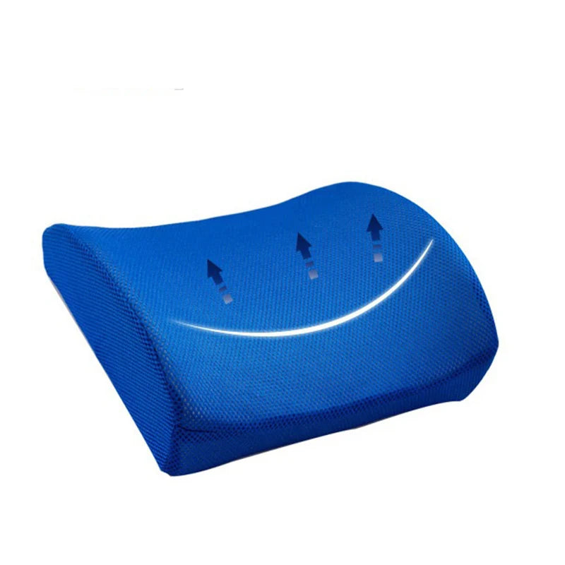 Blue memory foam back support pillow with breathable mesh cover for improved comfort and posture