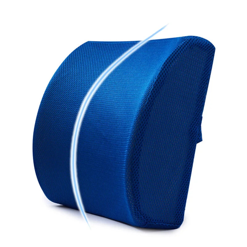 Blue memory foam back support pillow with ergonomic curved design for lumbar comfort
