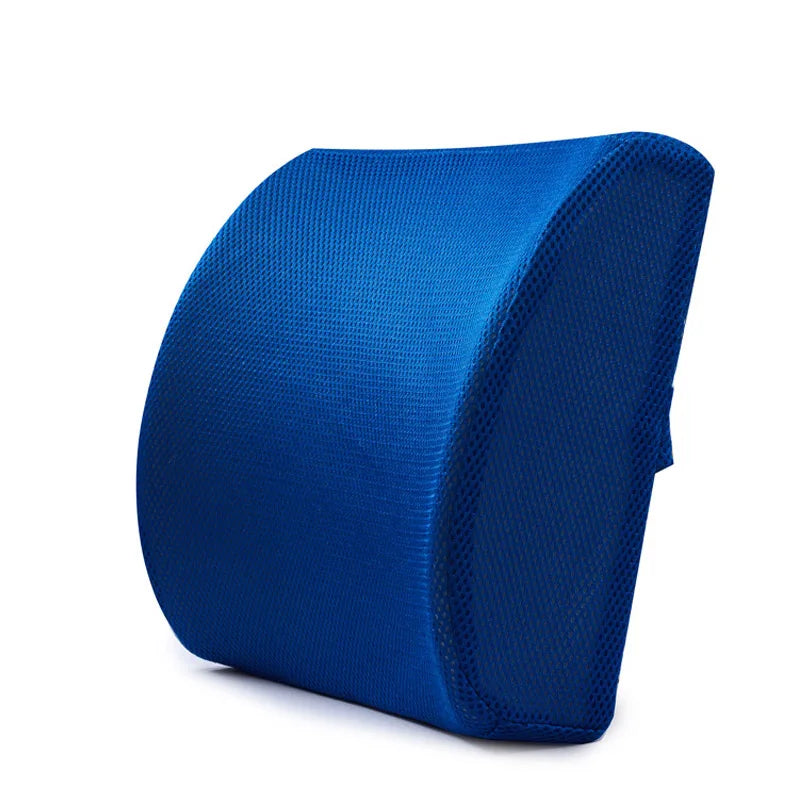 Blue memory foam back support pillow with breathable mesh cover for comfortable lumbar relief