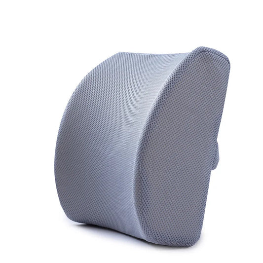 Gray memory foam back support pillow with breathable mesh cover for ergonomic comfort
