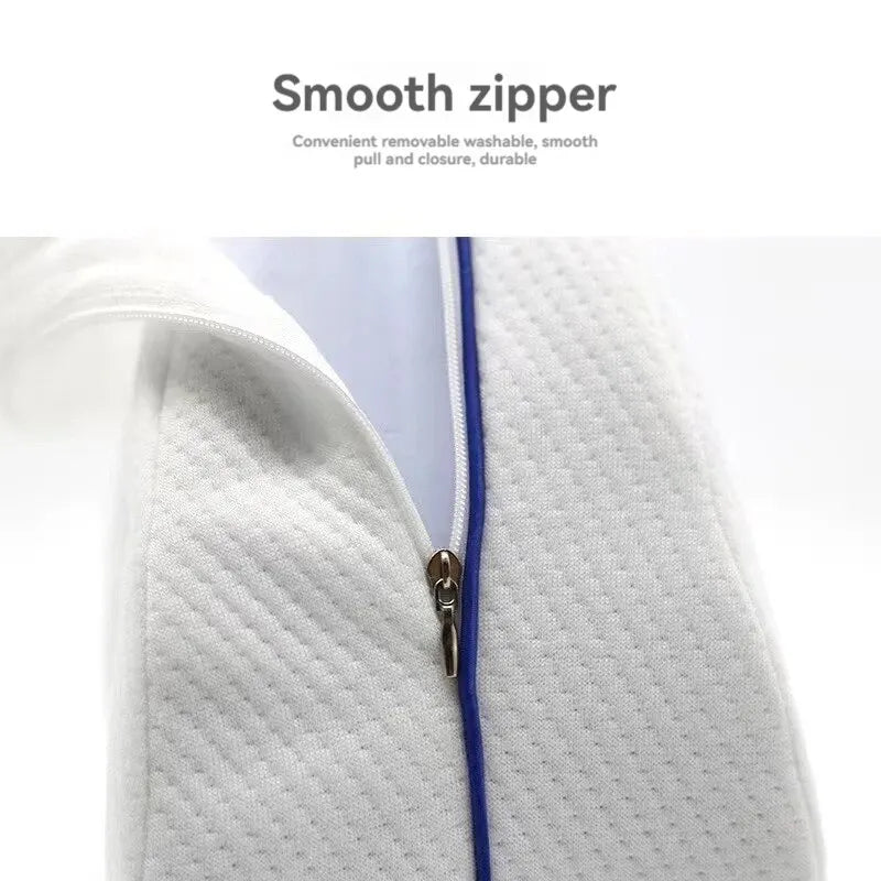 Close-up of smooth zipper on memory foam knee pillow for side sleepers with removable washable cover