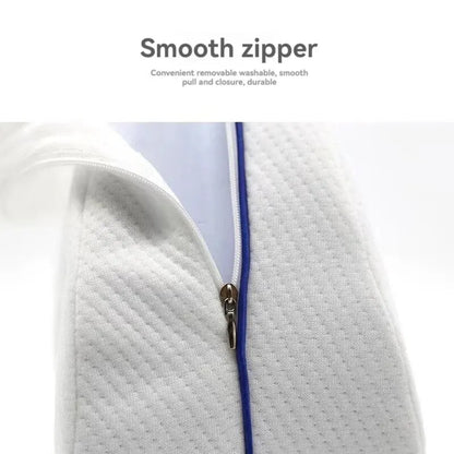 Close-up of smooth zipper on memory foam knee pillow for side sleepers with removable washable cover
