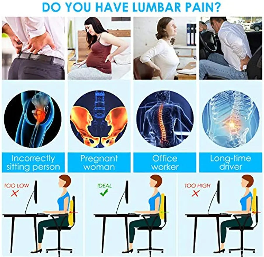 Memory foam lumbar support cushion relieving pain for office workers, pregnant women, drivers, and incorrect sitters