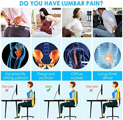 Memory foam lumbar support cushion relieving pain for office workers, pregnant women, drivers, and incorrect sitters